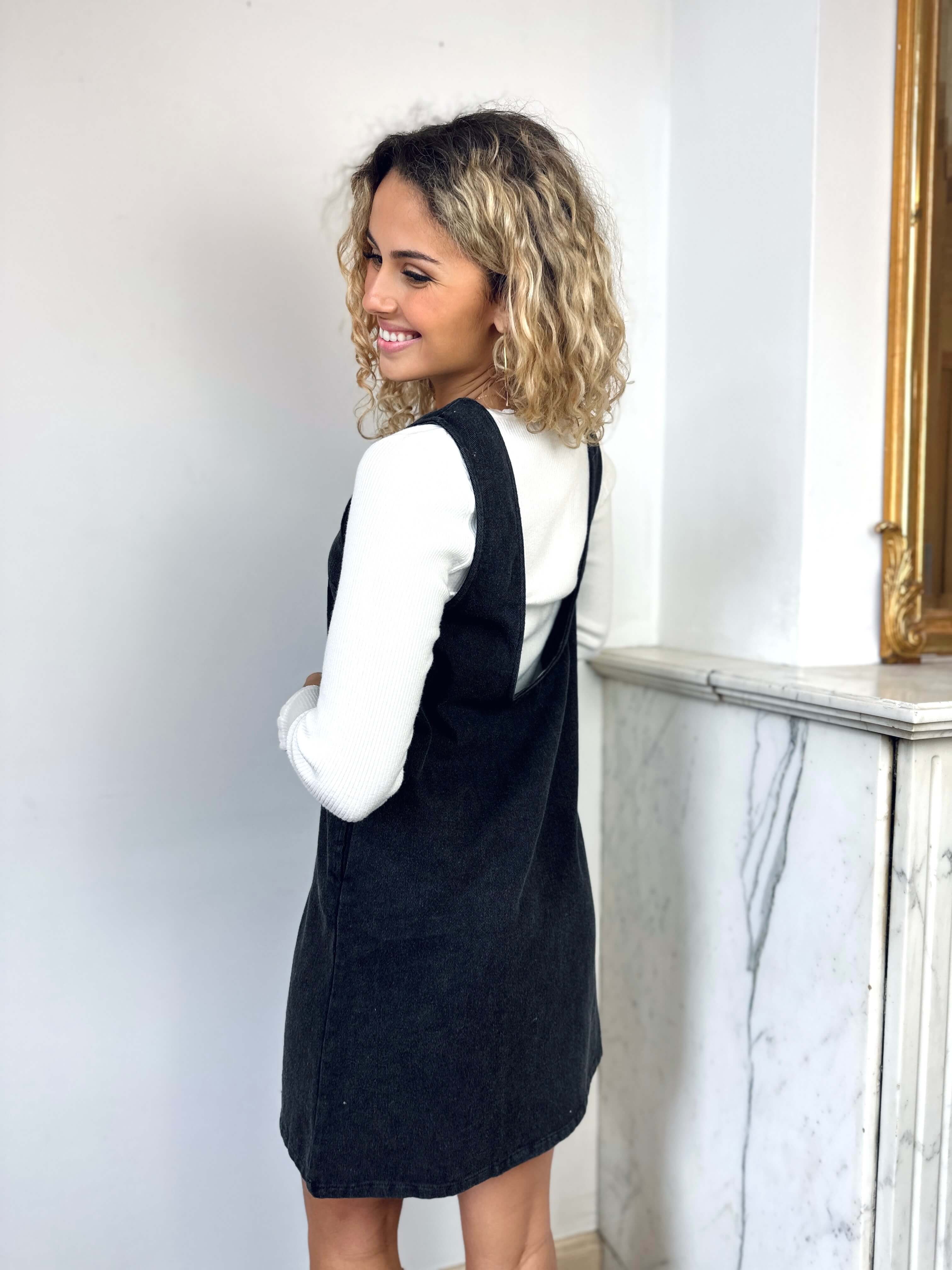 Robe salopette noire en jean - SOLENE