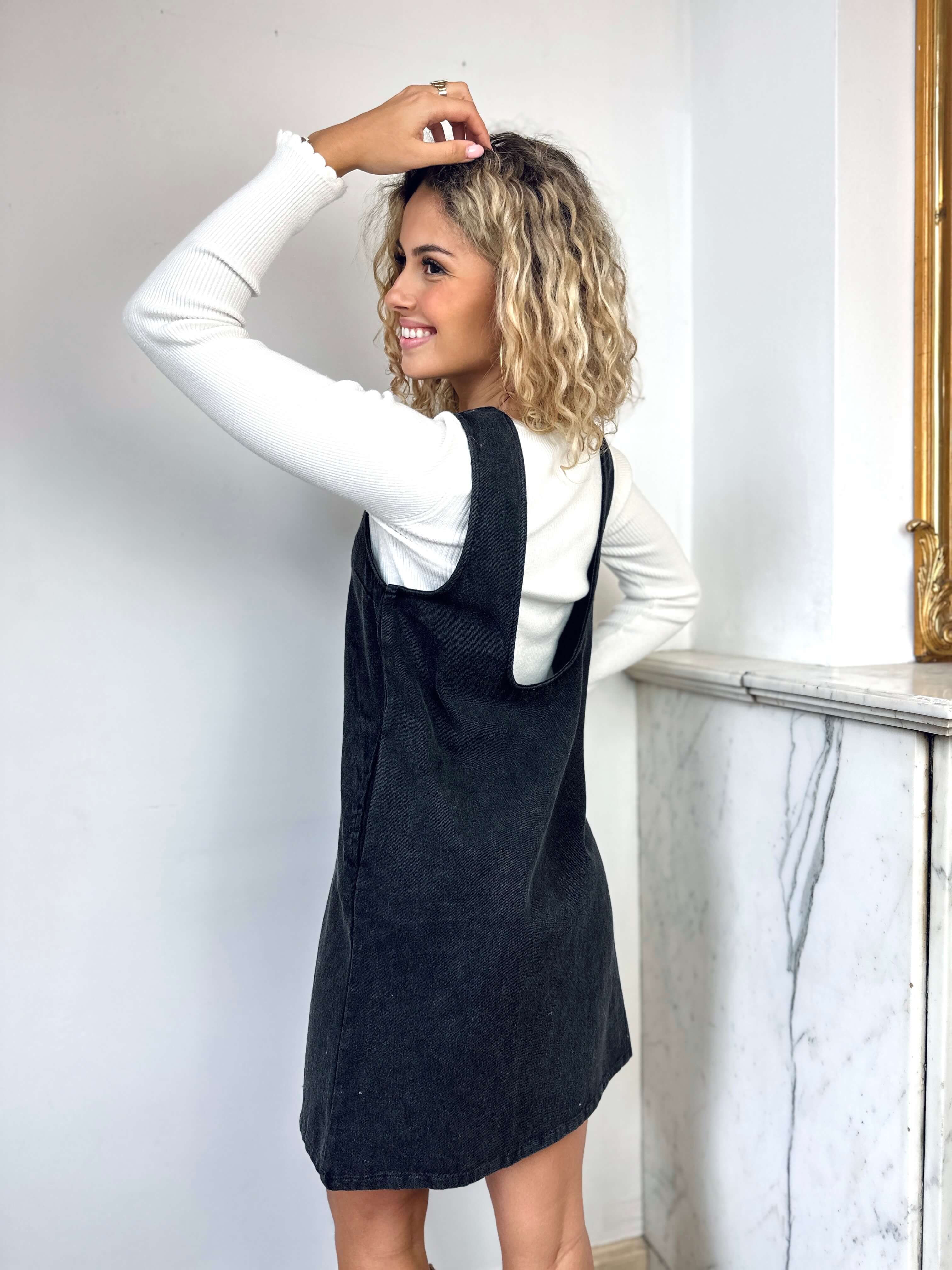 Robe salopette noire en jean - SOLENE